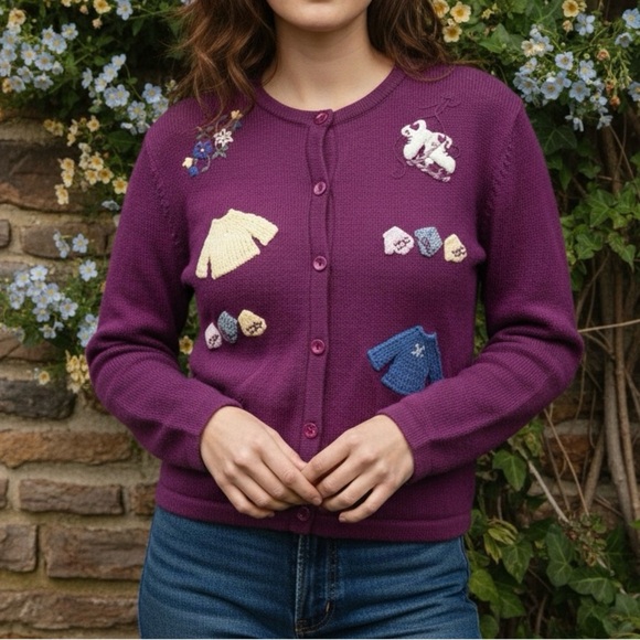 northern getaway Sweaters - Vintage Northern Getaway Purple 100% Cotton Embroidered Cardigan L